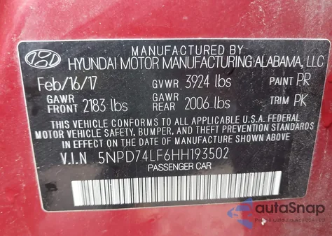 2017 Hyundai Elantra Se z USA, uszkodzony, nr VIN 5NPD74LF6HH193502